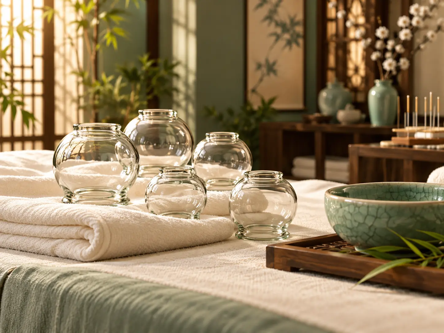Glass cups prepared for cupping therapy